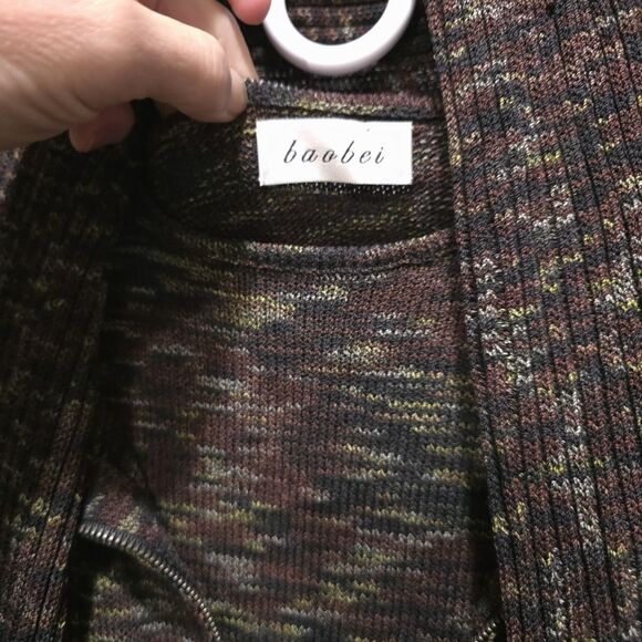 VTG Thin Knit 3pc Set Stretch Sm-Lg Artsy Brown Jacket Top Pants Boho Chic Y2K - Picture 12 of 16